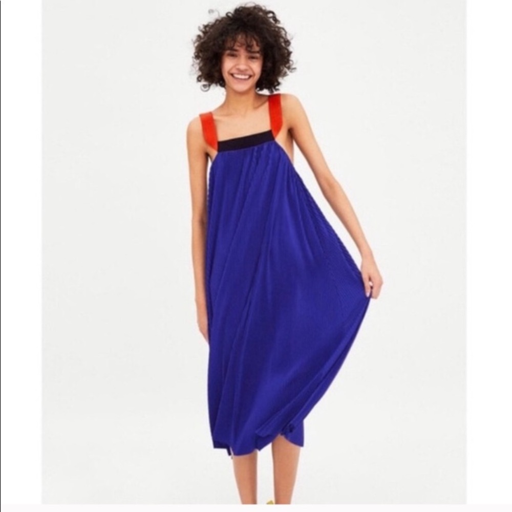 Zara Pleated Blue Dress with Red Straps